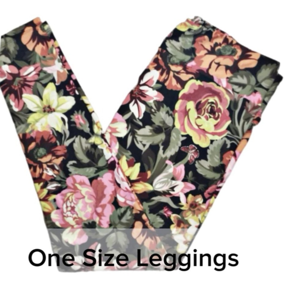 LuLaRoe Womens Leggings OS Green Pink Garden Lily Roses Floral One Size NWT